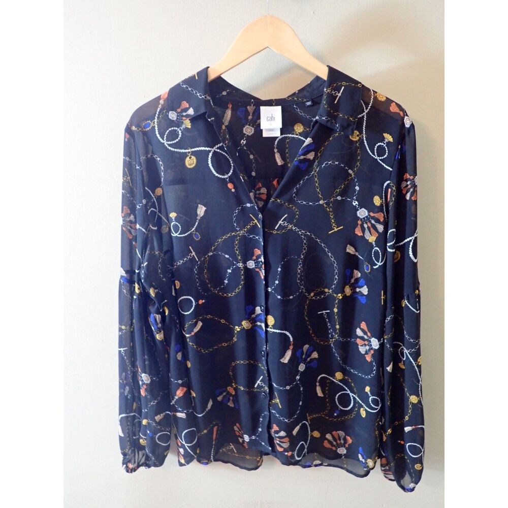 Cabi Victoria Balloon Sleeve Sheer Blouse Large Black Tassle Chain Detail 3861